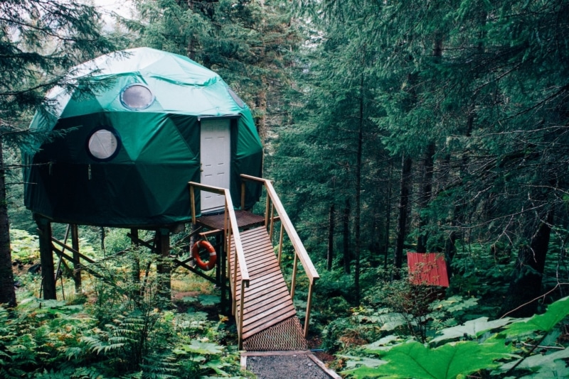 a green yurt in the woods